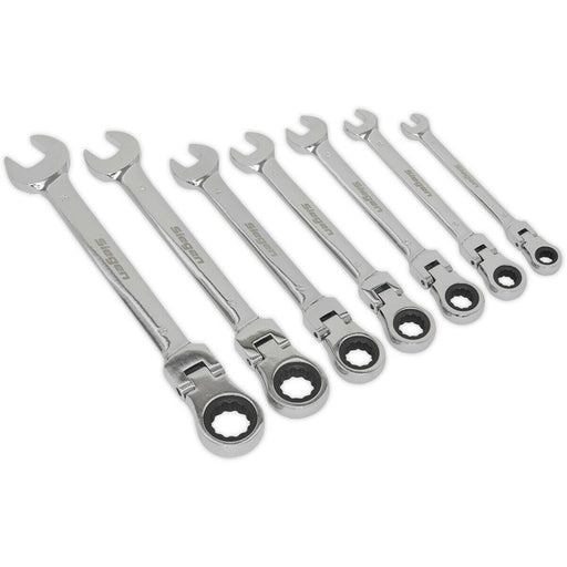 7pc FLEXIBLE HEAD Combination Ratchet Spanner Set 12 Point Moving Metric Socket Loops