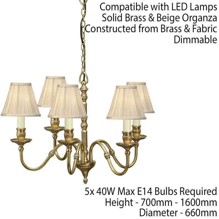 Opulent Hanging Ceiling Pendant Light Solid Brass Beige Shades 5 Lamp Chandelier Loops