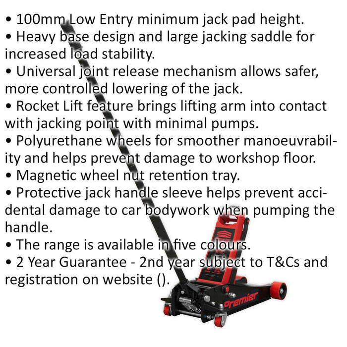 Hydraulic Trolley Jack - 4000kg Limit - Twin Piston - 533mm Max Height - Red Loops