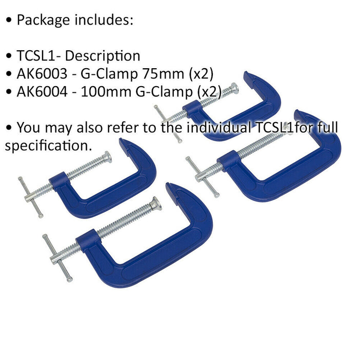 4 Piece G-Clamp Set - Heavy Duty Forged Clamp - 2x 75mm and 2x 100mm Clamps Loops