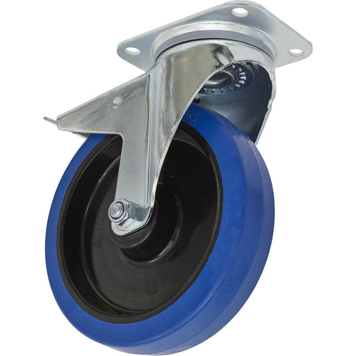 200mm Swivel Plate Castor Wheel - 46mm Tread Polymer & Elastic Total Lock Brakes Loops