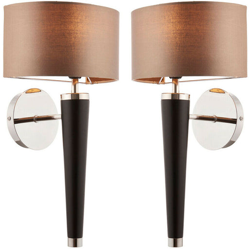 2 PACK Dimmable LED Wall Light Walnut & Silver Effect Shade Wooden Lamp Fitting Loops