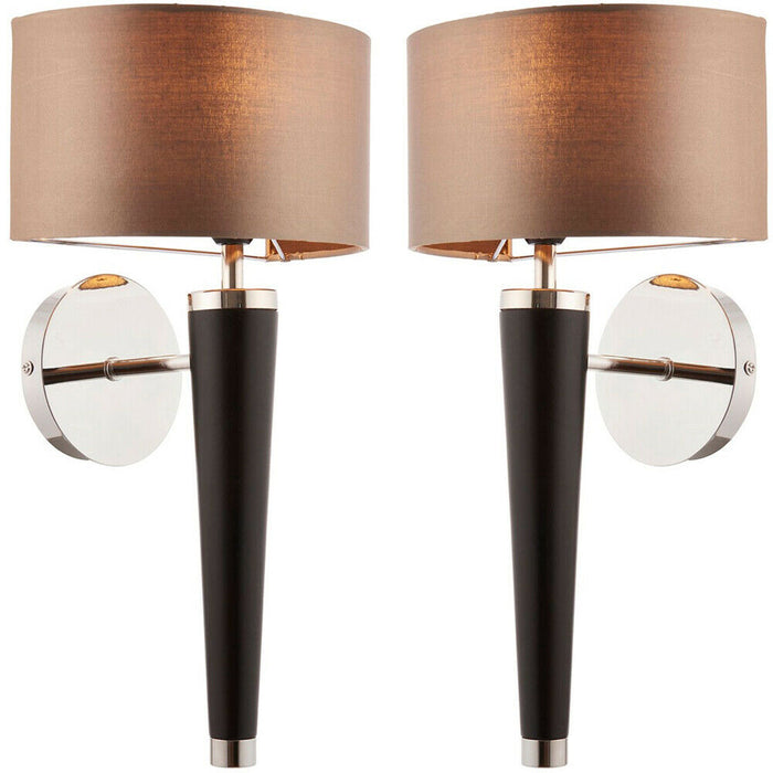 2 PACK Dimmable LED Wall Light Walnut & Silver Effect Shade Wooden Lamp Fitting Loops