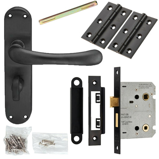 Door Handle & Bathroom Lock Pack Matt Black Smooth Round Lever Turn Backplate Loops