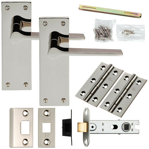 Door Handle & Latch Pack Polished Nickel Flat Straight Lever Slim Backplate Loops