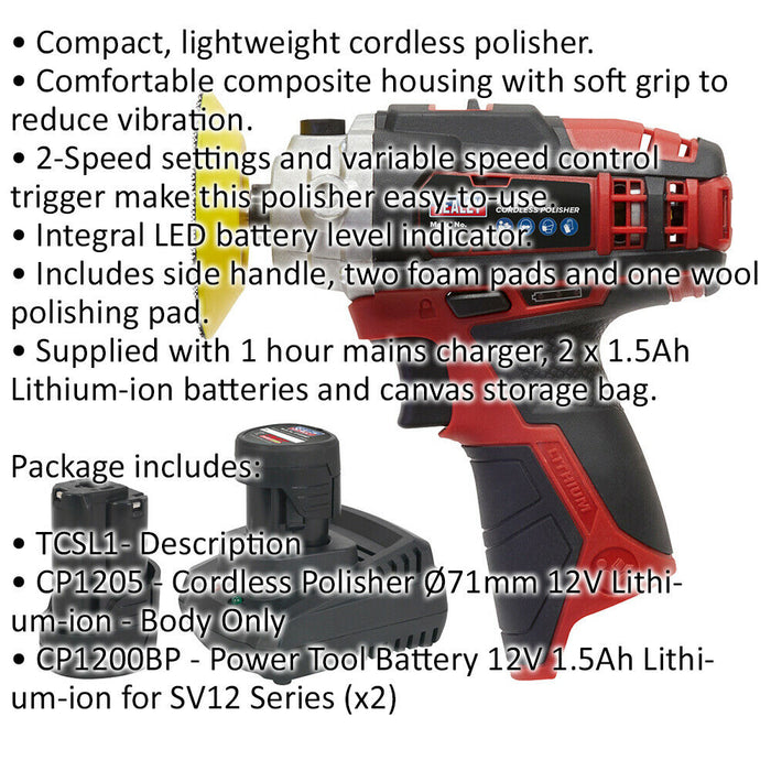 12V Cordless Polisher Kit - Includes 2 x 1.5Ah Batteries & Battery Charger - Bag Loops