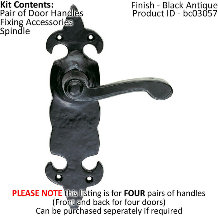 4x PAIR Forged Scroll Lever Handle on Latch Backplate 206 x 57mm Black Antique Loops