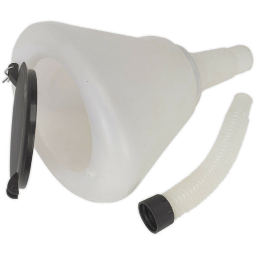 200mm Heavy Duty Funnel with Closing Lid - Removable Flexi Spout - Mesh Filter Loops