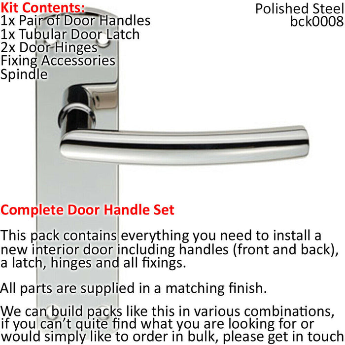 Door Handle & Latch Pack Polished Steel Curved Bar Lever Slim Backplate Loops