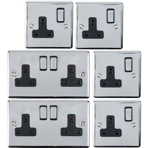 UK Plug Socket Pack -2x Twin & 4x Single Gang- CHROME / Black 13A Switched Loops