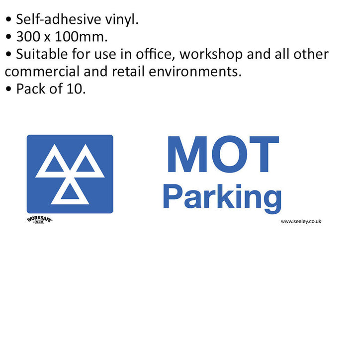 10x MOT PARKING Health & Safety Sign - Self Adhesive 300 x 100mm Warning Sticker Loops