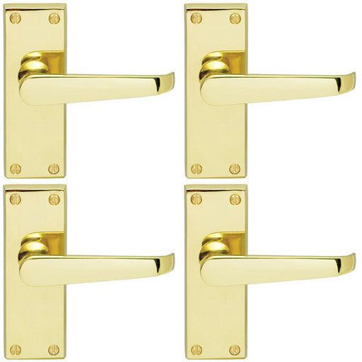 4x Straight Victorian Lever on Rectangular Latch Backplate Handle Polished Brass Loops