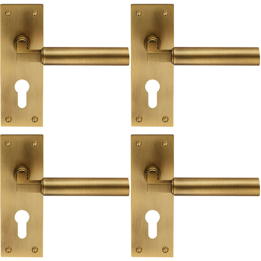 4x PAIR Round Bar Handle on Slim Euro Lock Backplate 150 x 50mm Antique Brass Loops