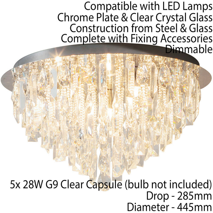 Flush Ceiling Mount Light Chrome & PREMIUM K5 Crystal Lamp Bulb Round Chandelier Loops