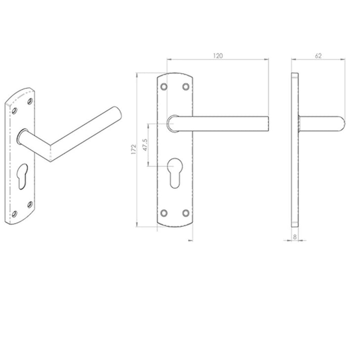2x Mitred Lever Door Handle on Euro Lock Backplate 172 x 44mm Satin Steel Loops