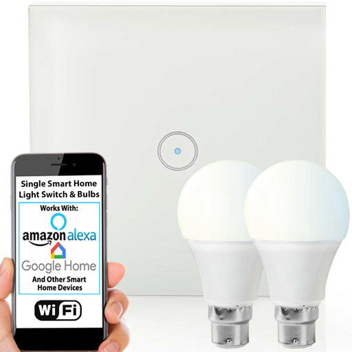 WiFi Light Switch & Bulb 2x 10W B22 Warm White Lamp & Single Wireless Wall Plate Loops