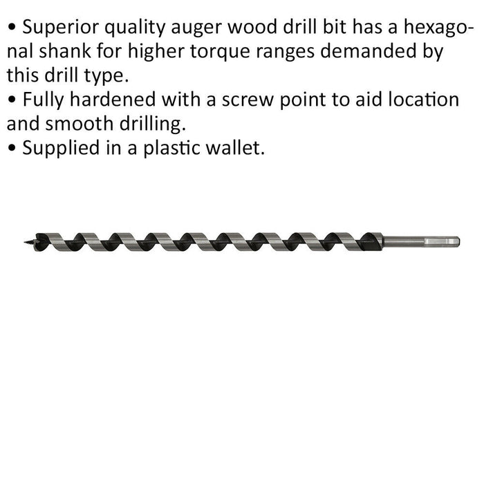 20 x 460mm Hardened Auger Wood Drill Bit - Hexagonal Shank - Woodwork Timber Loops