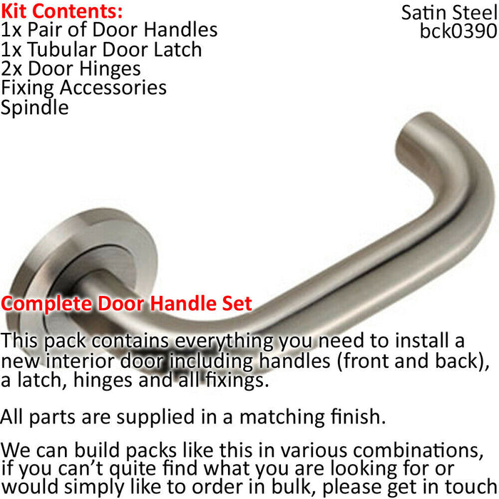 Door Handle & Latch Pack Satin Steel Round Safety Lever Screwless Round Rose Loops