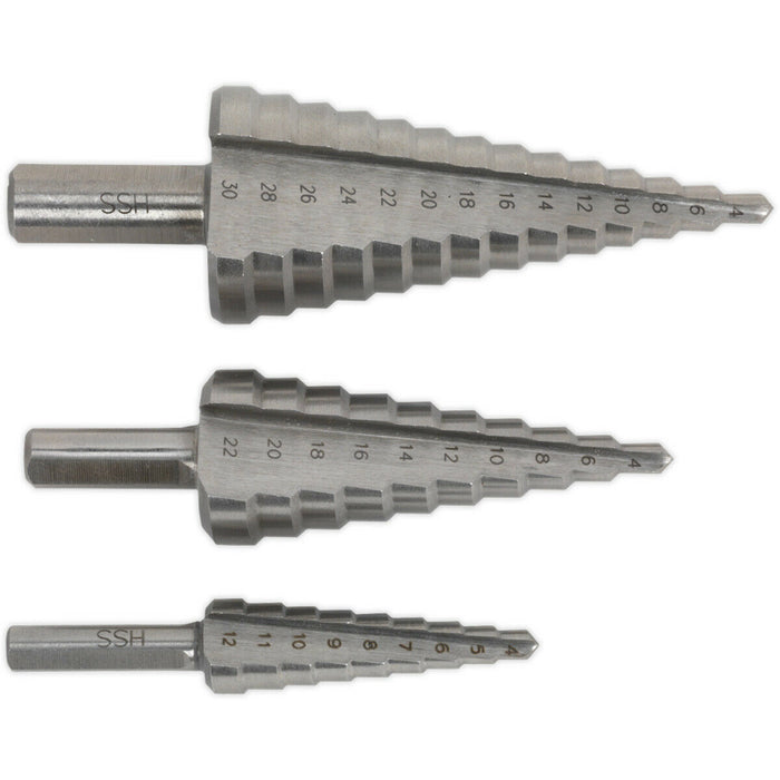 3 Piece HSS 4341 Double Flute Step Drill Bit - 3 Sizes - Precision Hole Drilling Loops