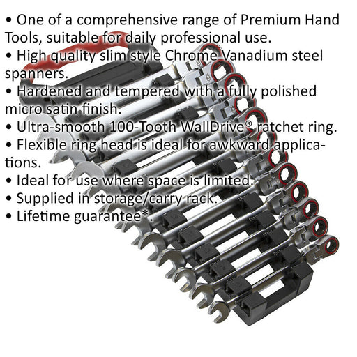 12pc FLEXIBLE HEAD Combination Ratchet Spanner Set 12 Point Metric Moving Socket Loops