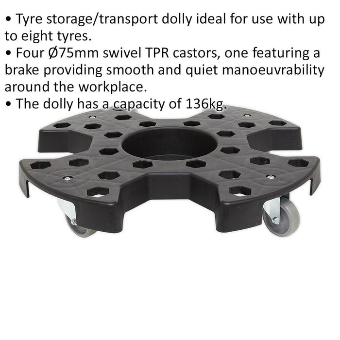 Tyre Storage & Transport Dolly - 4 x 75mm Swivel Castors - 136kg Capacity Loops