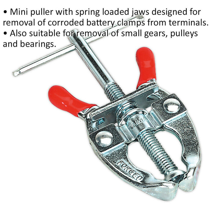 Battery Terminal Puller - Spring Loaded Jaws - 50mm Depth - Gear Bearing Pulley Loops