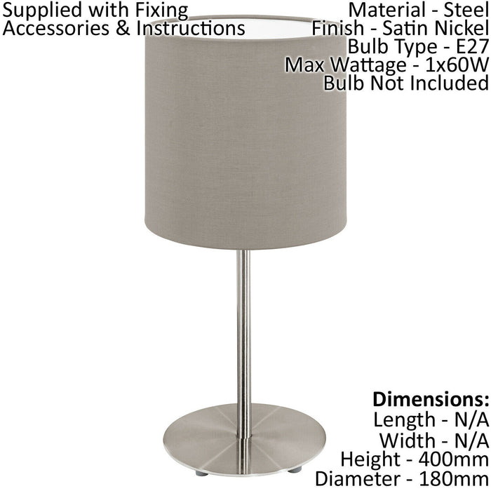 2 PACK Table Desk Lamp Colour Satin Nickel Steel Shade Taupe Fabric E27 1x60W Loops