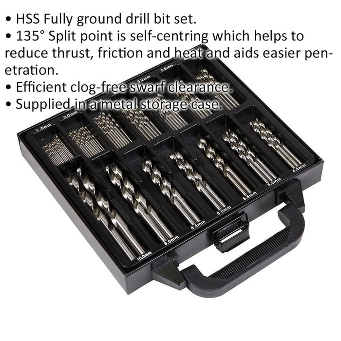 99 Piece Fully Ground HSS Drill Bit Assortment - Split Point Self Centring Tips Loops