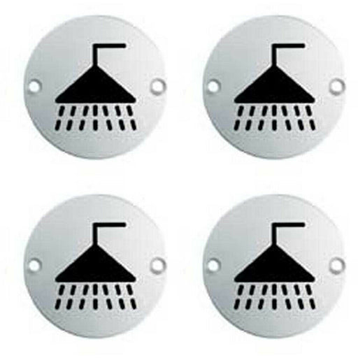 4x Bathroom Door Shower Symbol Sign 64mm Fixing Centres 76mm Dia Satin Steel Loops