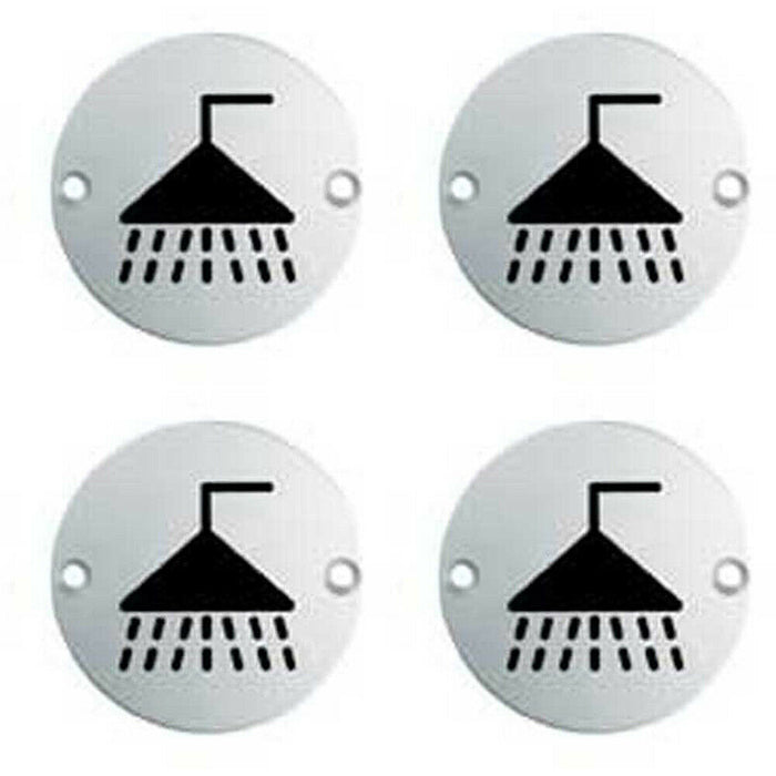 4x Bathroom Door Shower Symbol Sign 64mm Fixing Centres 76mm Dia Satin Steel Loops