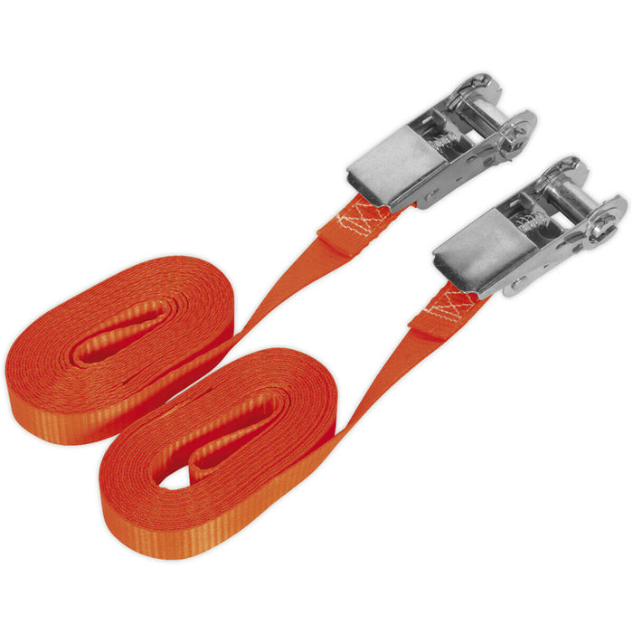 PAIR 25mm x 4.5m 800KG Self Securing Ratchet Tie Down Strap Set - Polyester Web Loops