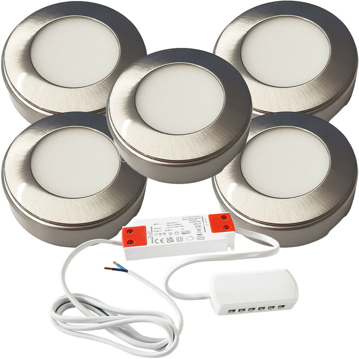 5x 2.6W LED Kitchen Cabinet Surface Spot Lights & Driver Steel Natural White Loops