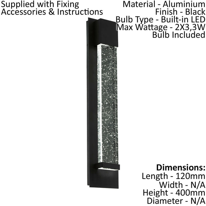 IP44 Outdoor Wall Light Black Long Bubble Glass 3.3W Built in LED Porch Lamp Loops