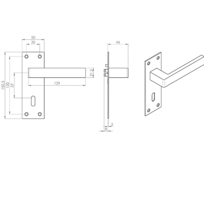 4x PAIR Straight Square Handle on Euro Lock Backplate 150 x 50mm Matt Bronze Loops