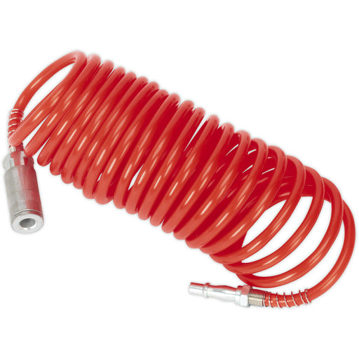 PE Coiled Air Hose with Couplings - 5 Metre Length - 5mm Bore - Recoil Type Hose Loops