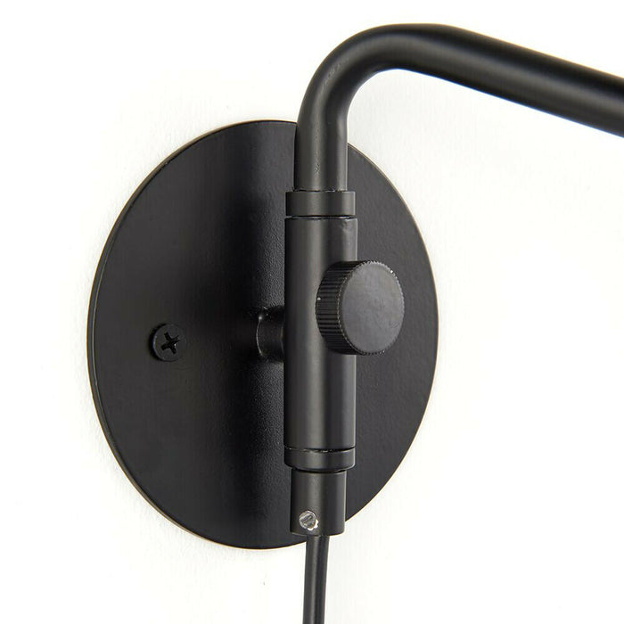 Adjustable Swing Arm Wall Light Matt Black & Grey Fabric Shade Mains Plug in Loops