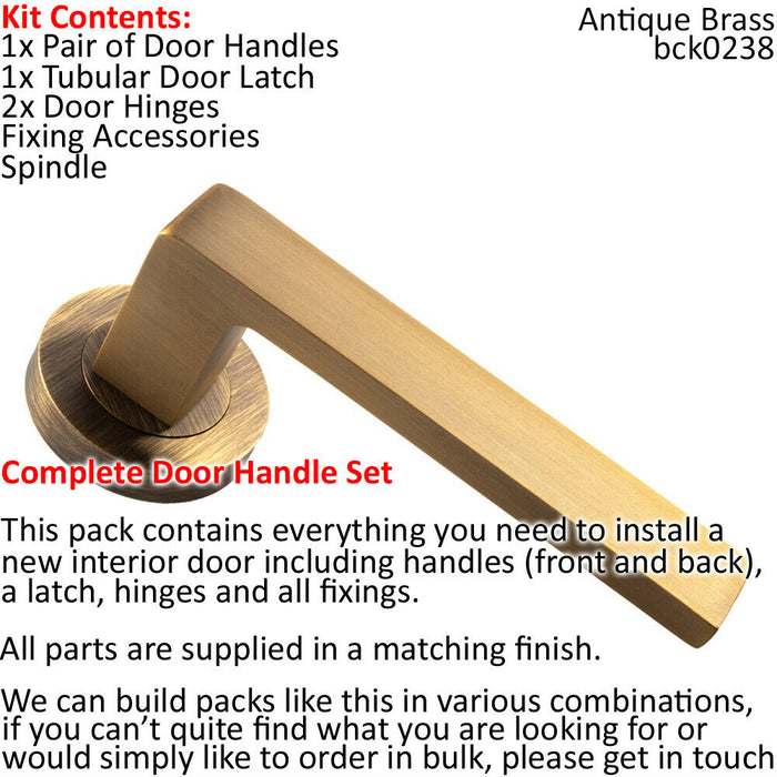 Door Handle & Latch Pack Antique Brass Square Lever Screwless Round Rose Loops