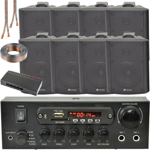 4 Zone Bluetooth Speaker Kit 8x 70W Black Wall Mounted Home Bar Stereo Amplifier