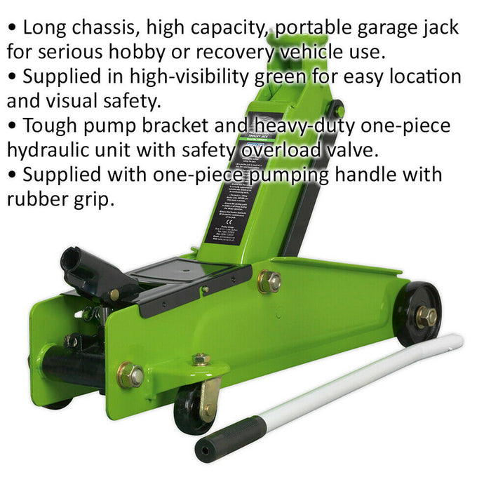 Heavy Duty Long Chassis Trolley Jack - 3000kg Limit - 432mm Max Height - Green Loops