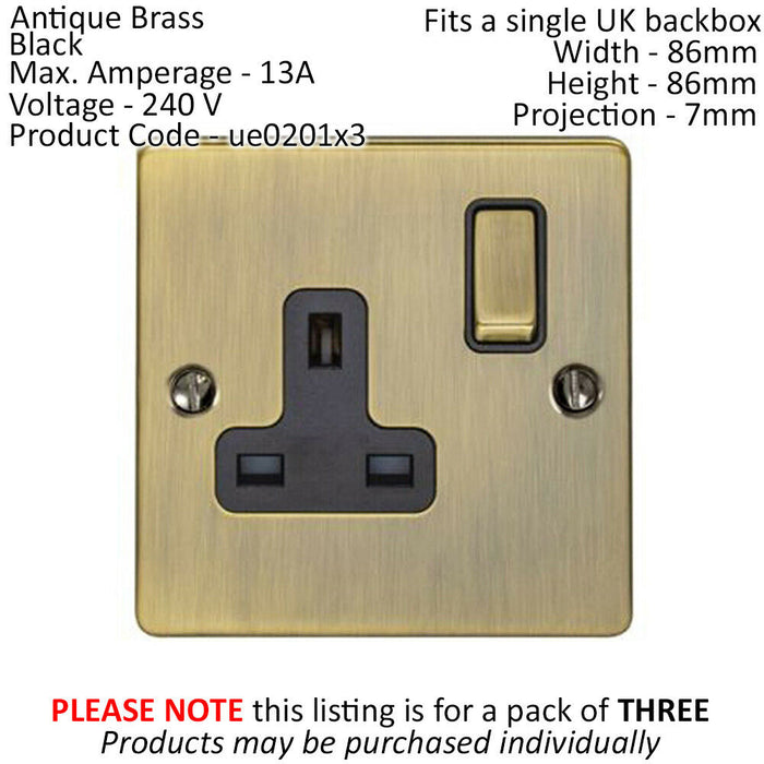 3 PACK 1 Gang Single UK Plug Socket ANTIQUE BRASS 13A Switched Power Outlet Loops