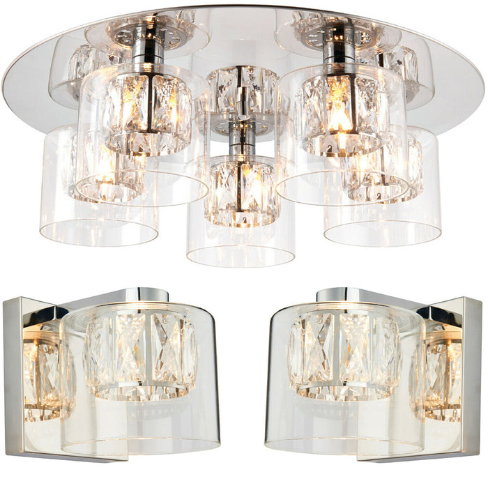 5 Bulb Ceiling Lamp & 2x Matching Wall Mount Light Round Chrome & Crystal Glass Loops