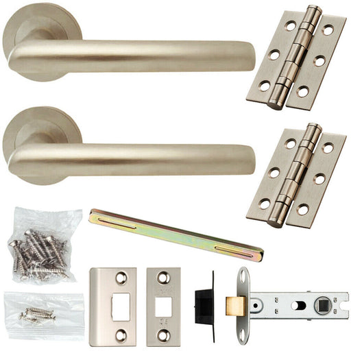 Door Handle & Latch Pack Satin Chrome Modern Mitred Lever Screwless Round Rose Loops