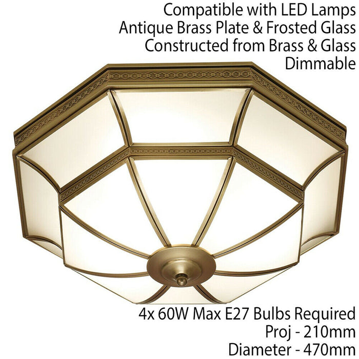 Luxury Flush Ceiling Light Antique Brass & Frosted Glass Traditional Feature Loops