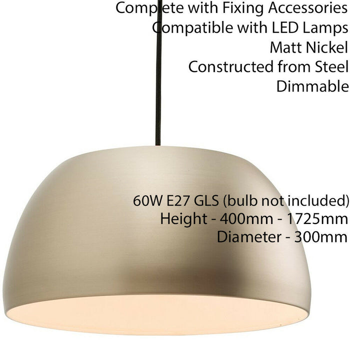 Hanging Ceiling Pendant Light MATT NICKEL Round Metal Lamp Shade Bulb Holder Loops