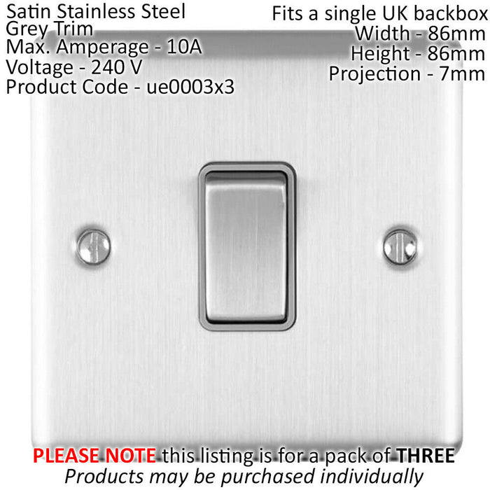 3 PACK 1 Gang Single Light Switch SATIN STEEL 2 Way 10A Grey Trim & Metal Loops