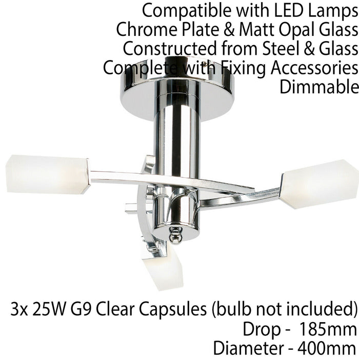 Semi Flush Ceiling Light Chrome & Glass 3 Bulb Square Shade Dimmable Pendant Loops