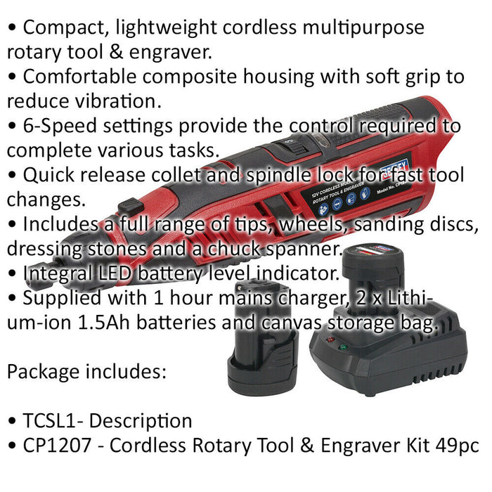 49 Piece Multipurpose Rotary Tool & Engraver Kit - Cordless & Lightweight - 12V Loops