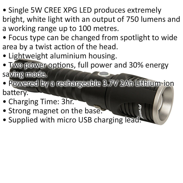 Aluminium Torch - 5W CREE XPG LED - Adjustable Focus - Rechargeable Battery Loops