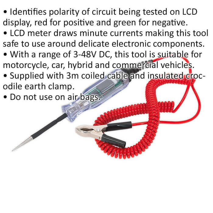 3 to 48V Integrated Test Light / Voltmeter - LCD Display - 3m Coiled Cable Loops