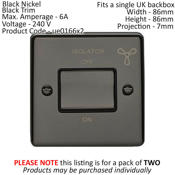 2 PACK 6A Extractor Fan Isolator Switch BLACK NICKEL & Black Trim 3 Pole Shower Loops